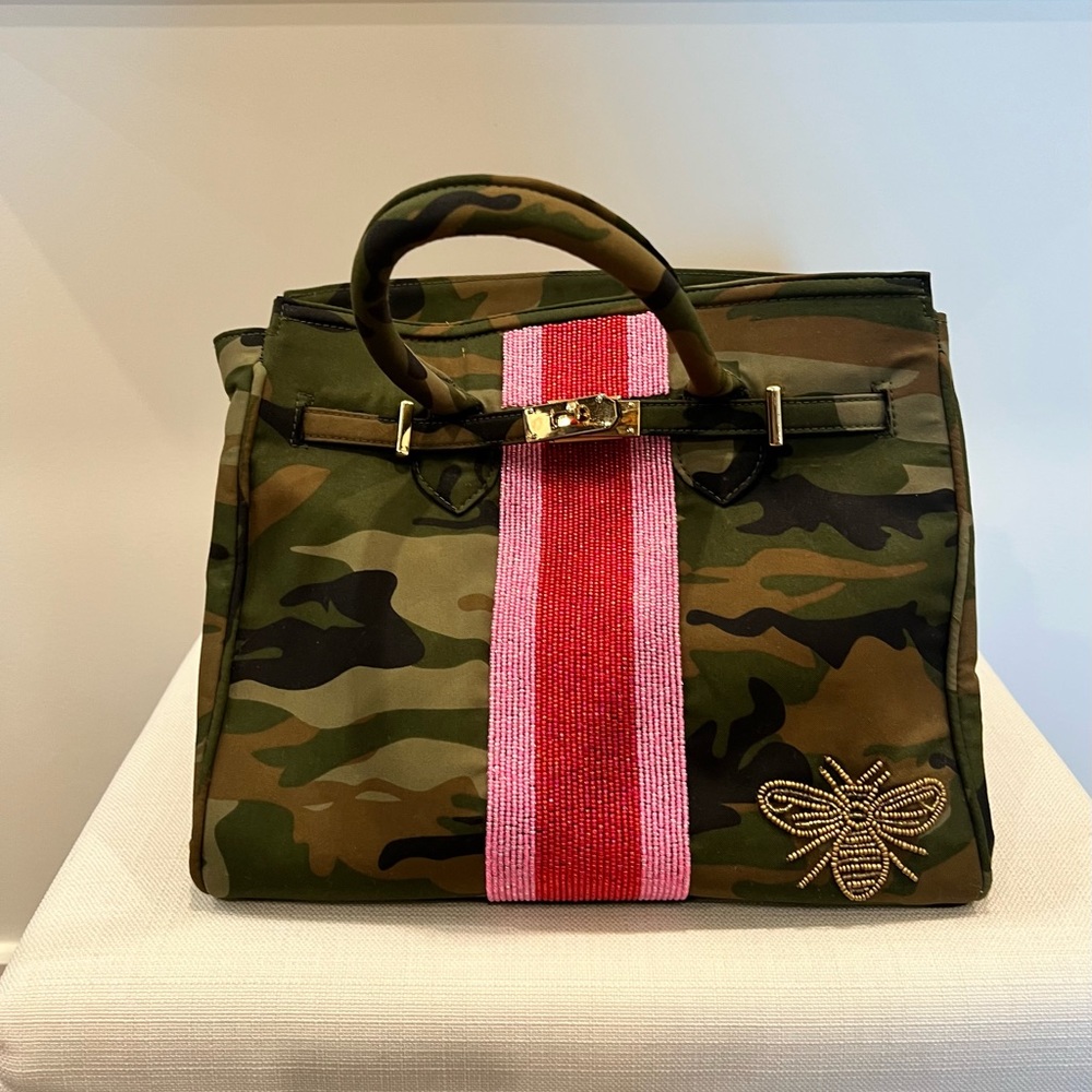 Gently used Tiana green Camo beaded bee tote